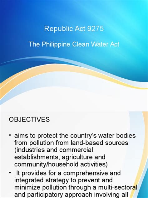 ra 9275 clean water act|REPUBLIC ACT 9275 AN ACT PROVIDING FOR A .
